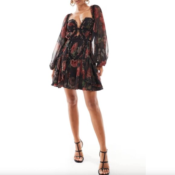 ASOS DESIGN LONG SLEEVE SHIRRED CORSET MINI DRESS WITH CUT OUT IN ROSE FLORAL - Picture 3 of 14